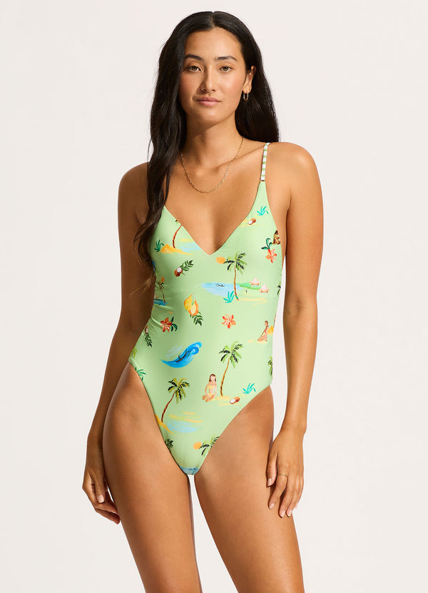 Isla Palm V Neck One Piece - Sage