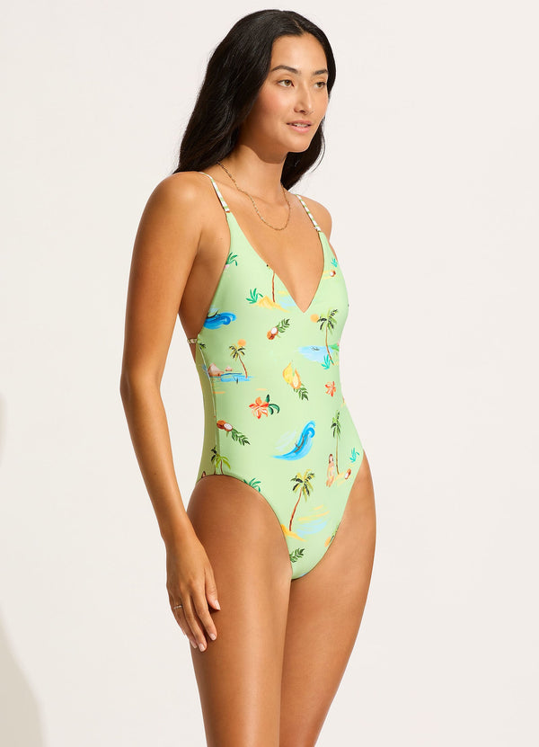 Isla Palm V Neck One Piece - Sage