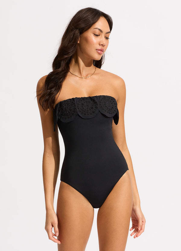 Lulu Bandeau One Piece with Flounce - Black