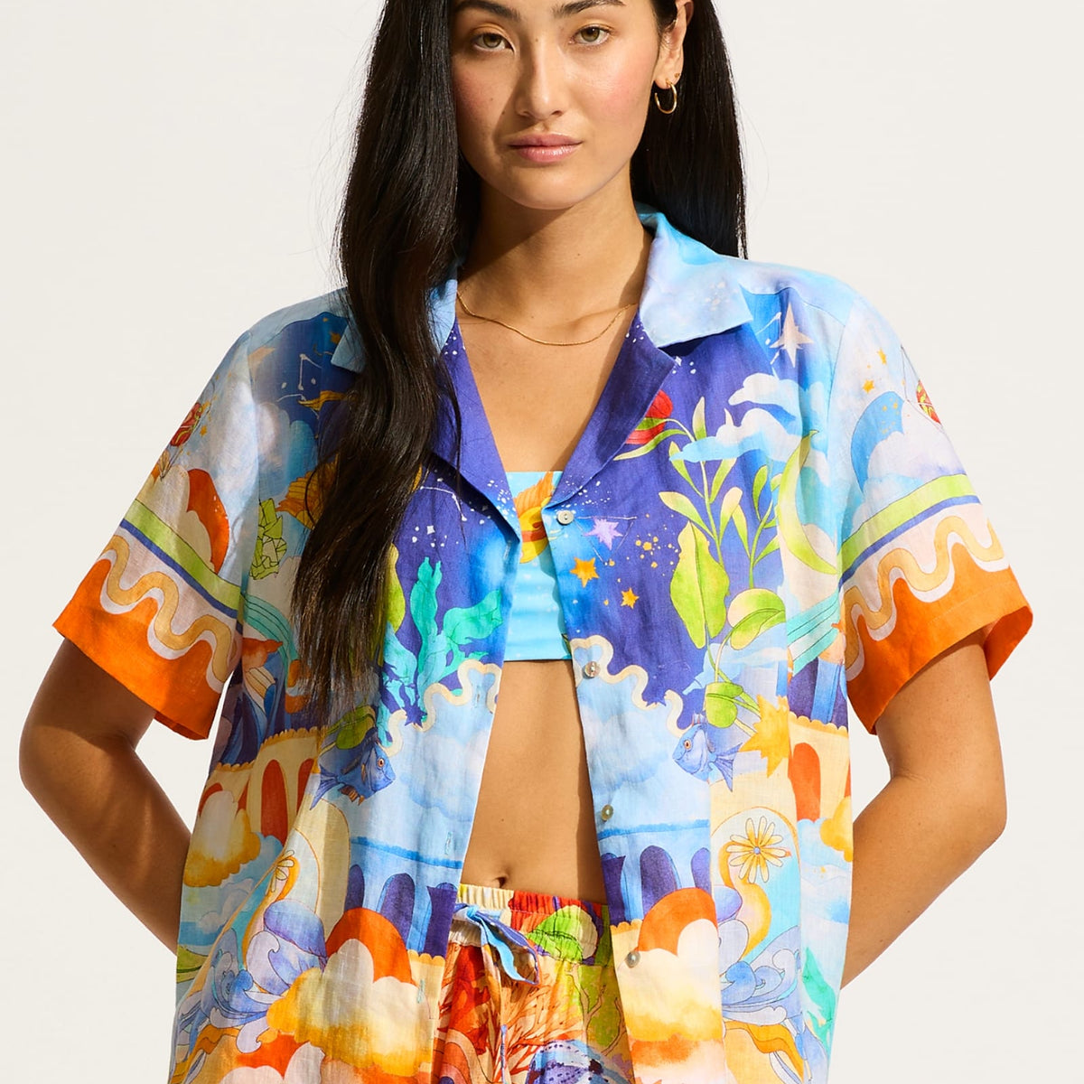 Aqua Flowers Casual Long Sleeve Shirt 43943