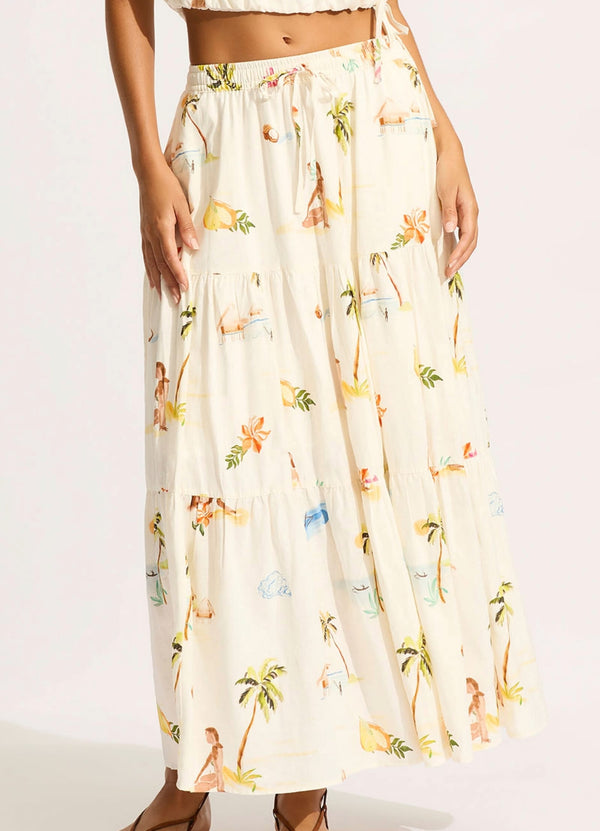 Isla Palm Tiered Maxi Skirt - Ecru