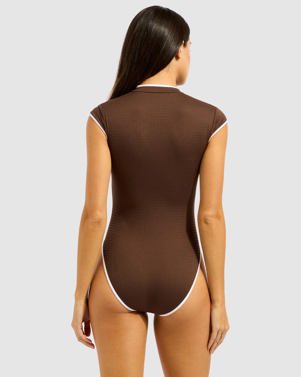 Beach Bound Cap Sleeve Zip Front One Piece Swimsuit