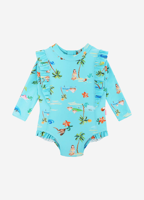 Isla Palm Frill Sunsuit - Isla Palm Blue
