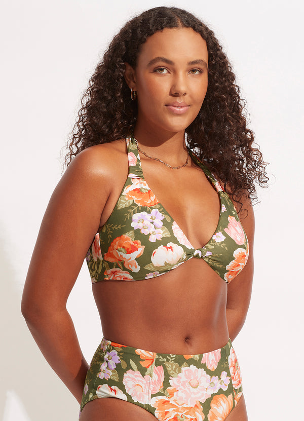Paradise Garden Tab Front Halter Bra - Avocado