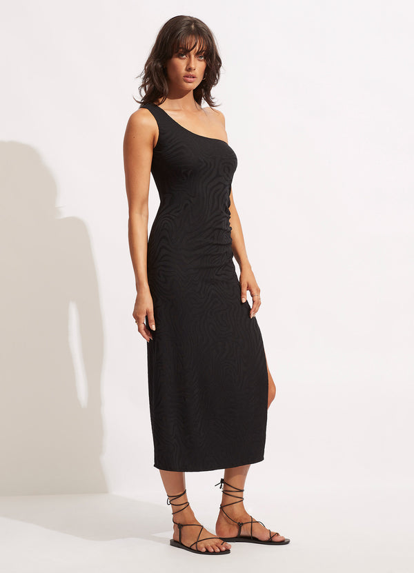 Second Wave One Shoulder Midi Dress - Black