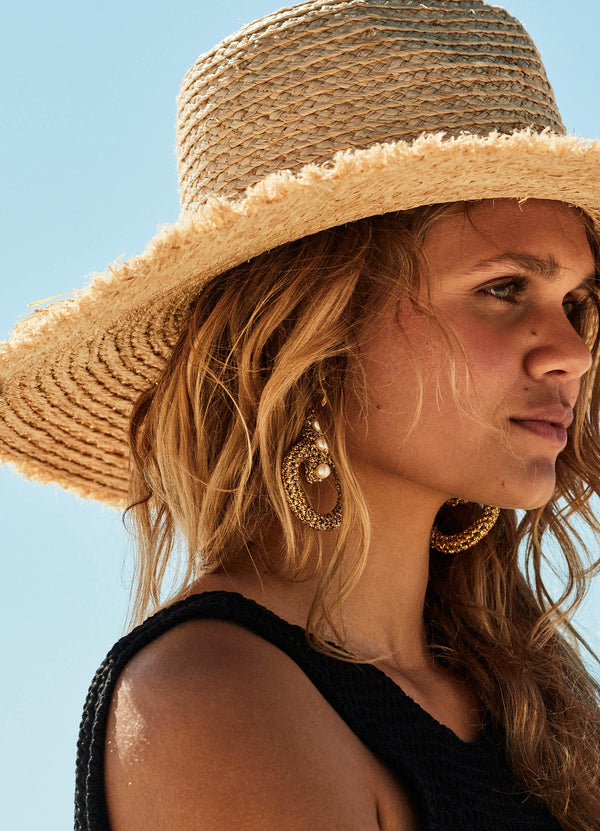 Raffia Fringe Tie Hat - Natural