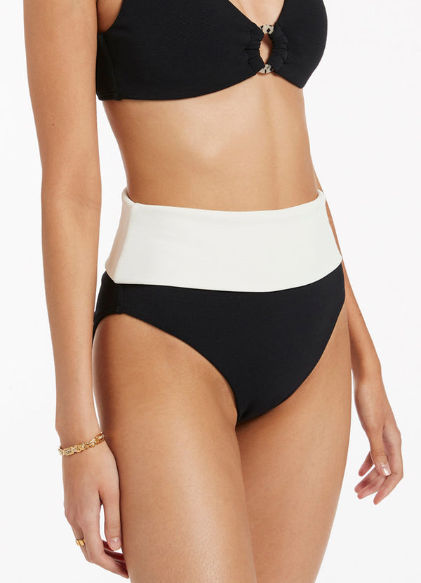 Versa Rib Fold Down High Waisted Bikini Bottom - Black/Cream