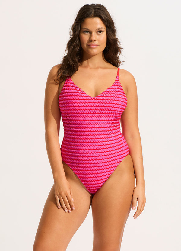 Mesh Effect V Neck One Piece - Chilli Red