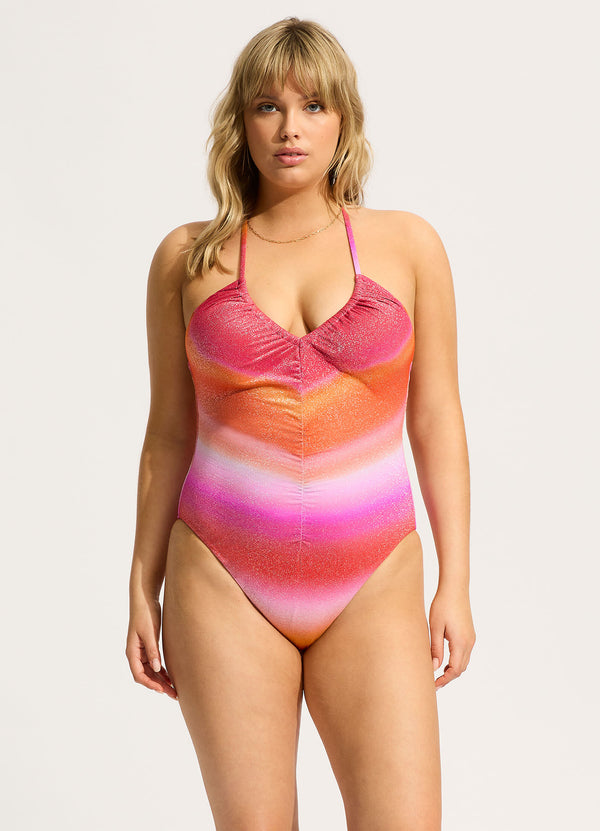 Spectrum Drawstring V Neck One Piece - Hot Pink