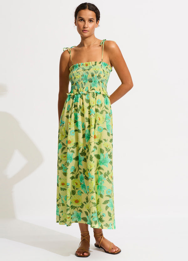 Garden Party Smocking Midi Dress - Lime Light