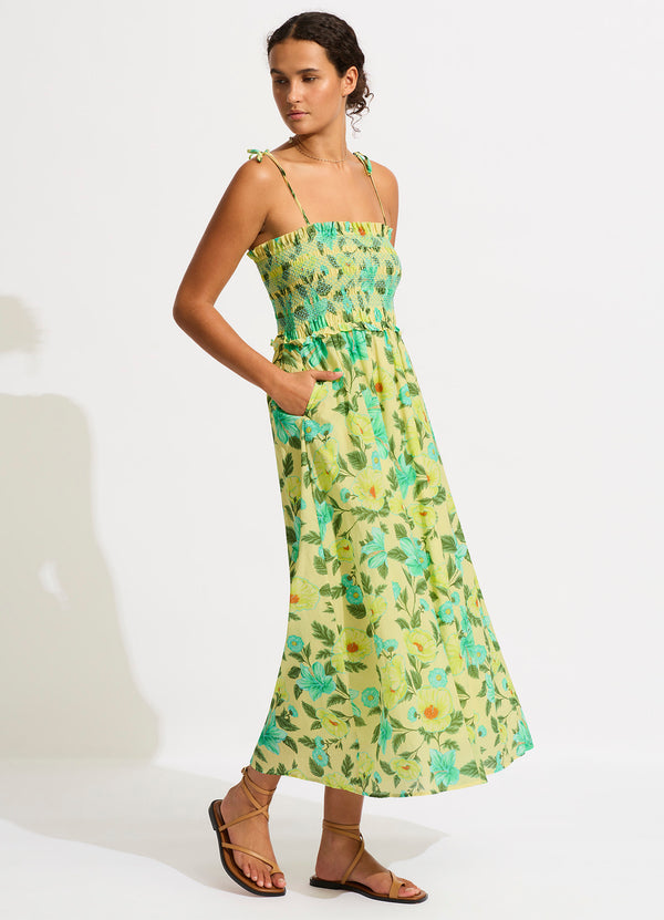 Garden Party Smocking Midi Dress - Lime Light