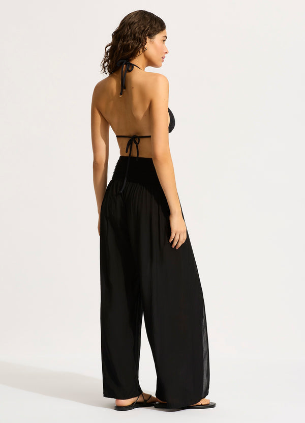 Shirred Waist Wrap Pant - Black