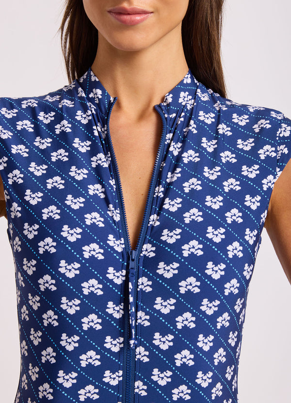 Batik Bloom Cap Sleeve Zip Front One Piece Swimsuit