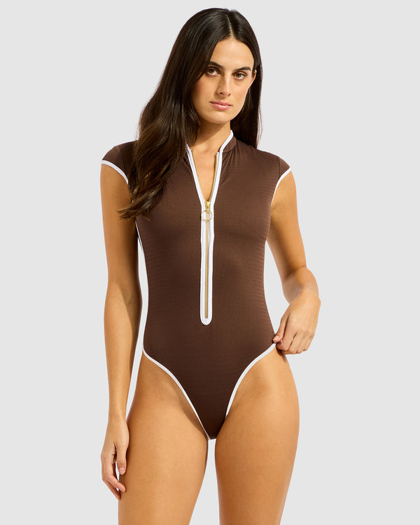 Beach Bound Cap Sleeve Zip Front One Piece Swimsuit