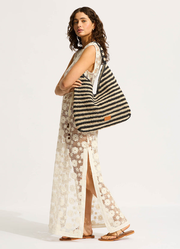 Raffia Stripe Tote Bag - Natural/Black