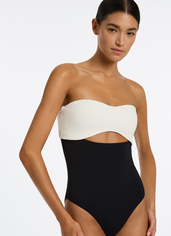 Versa Rib Cut Out Bandeau One Piece - Black/Cream