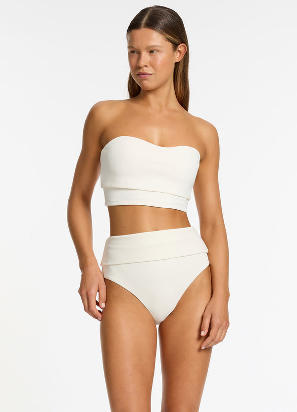 Isla Rib Fold Down High Waisted Bikini Bottom - Cream