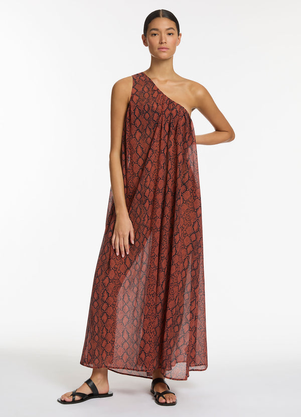 Python Crinkle One Shoulder Maxi Dress - Spice