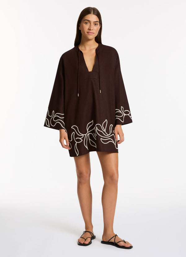 Dahlia Palm Embroidered Mini Kaftan - Chocolate