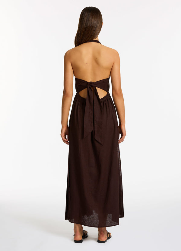 Dahlia Palm Embroidered Maxi Dress - Chocolate