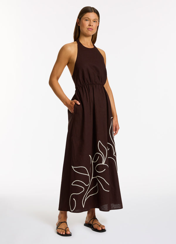 Dahlia Palm Embroidered Maxi Dress - Chocolate