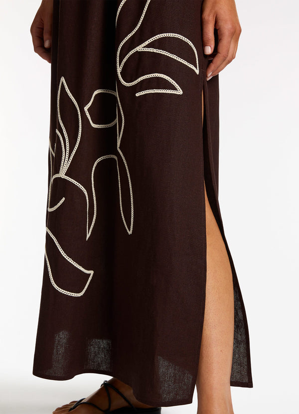 Dahlia Palm Embroidered Maxi Dress - Chocolate