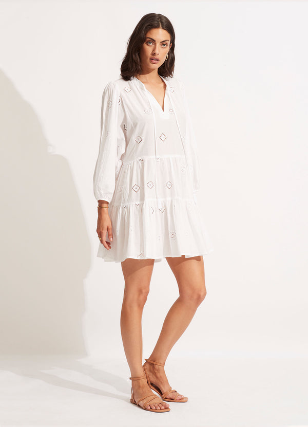 Embroidery Tiered Dress - White