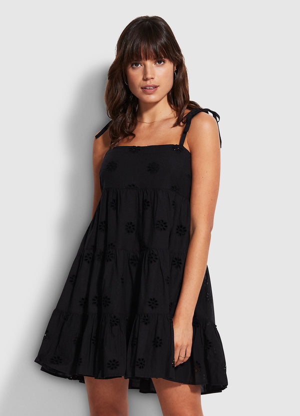 Embroidery Tier Dress  - Black