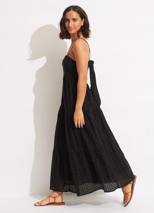 Broderie Anglaise Tiered Maxi Dress - Black