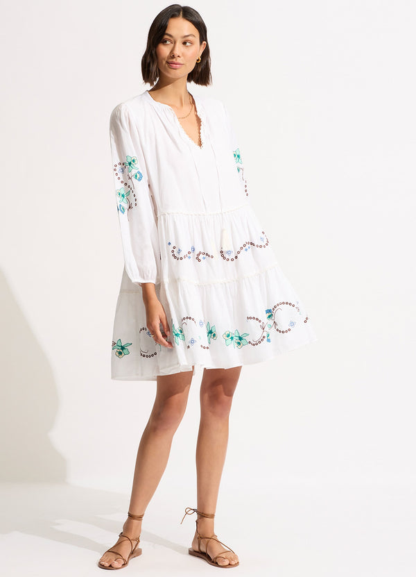 Eden Embroidery Tier Midi Dress - White