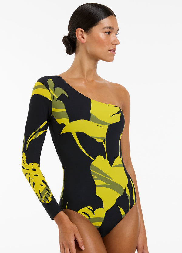 Shadow Palm One Sleeve One Piece - Black