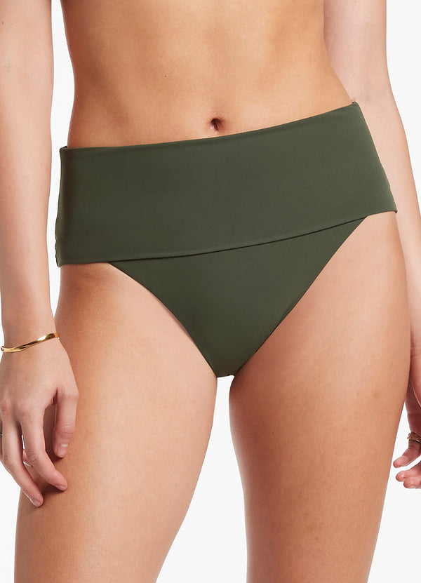 Jetset Fold Down High Waisted Bikini Bottom - Olive