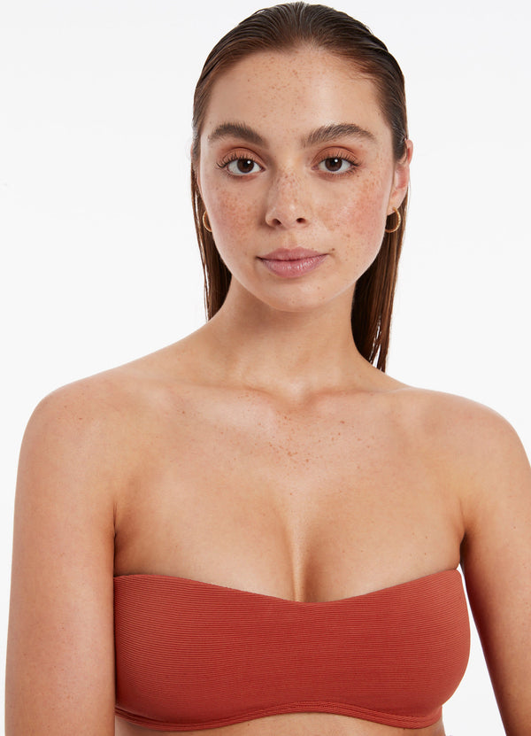 Isla Rib Minimal Bandeau Bikini Top - Russet